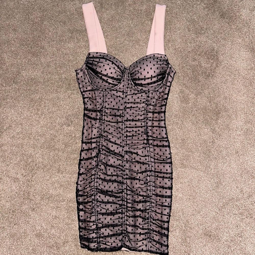 Haute Monde Ruched Dotted Mesh Black and Pink Bodycon Dress